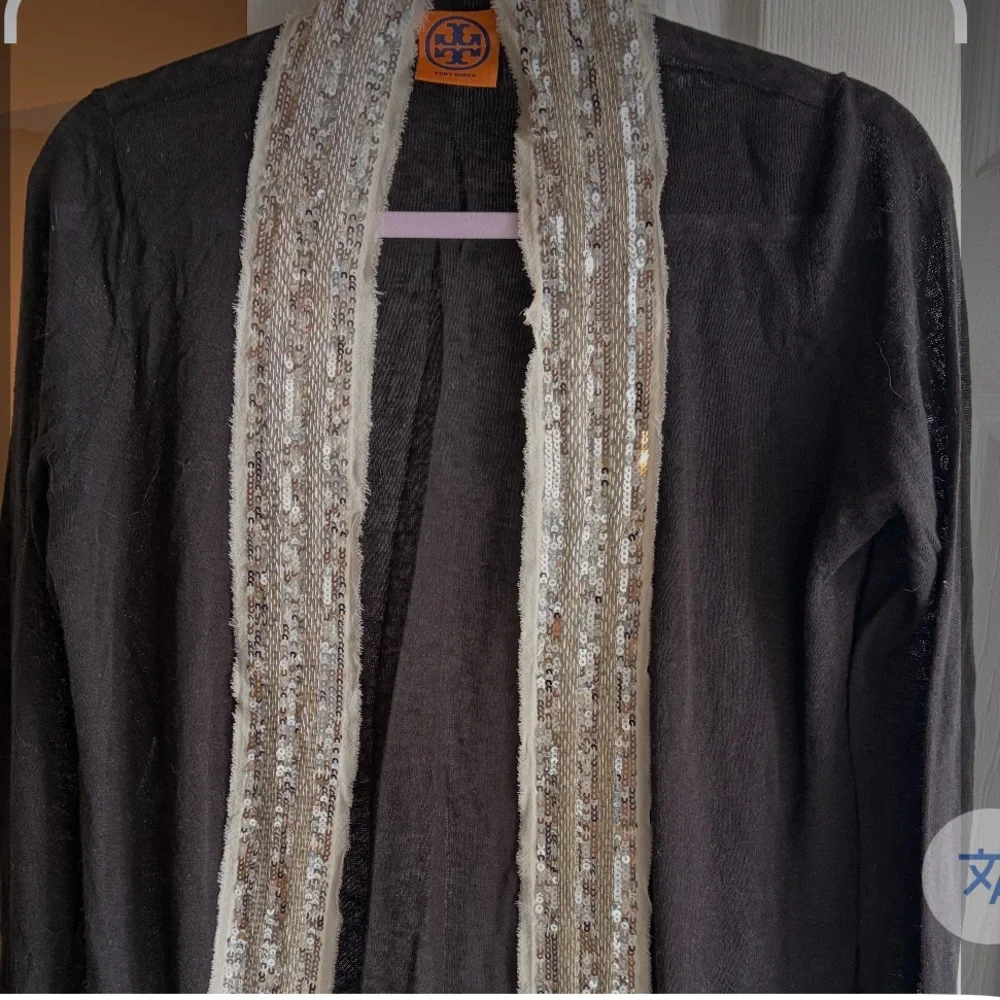 TORY BURCH QUINCY BLACK OPEN FRONT VINTAGE SWEATER CARDIGAN SILVER SEQUINS SZ S